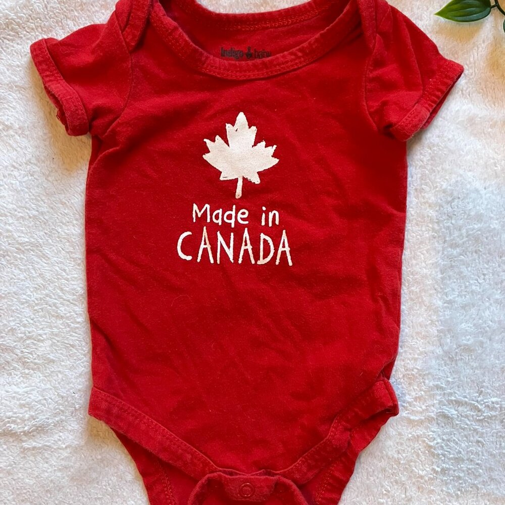Indigo Baby 0-3M Red “Made in Canada” Bodysuit GUC Short Sleeve Cotton Blend